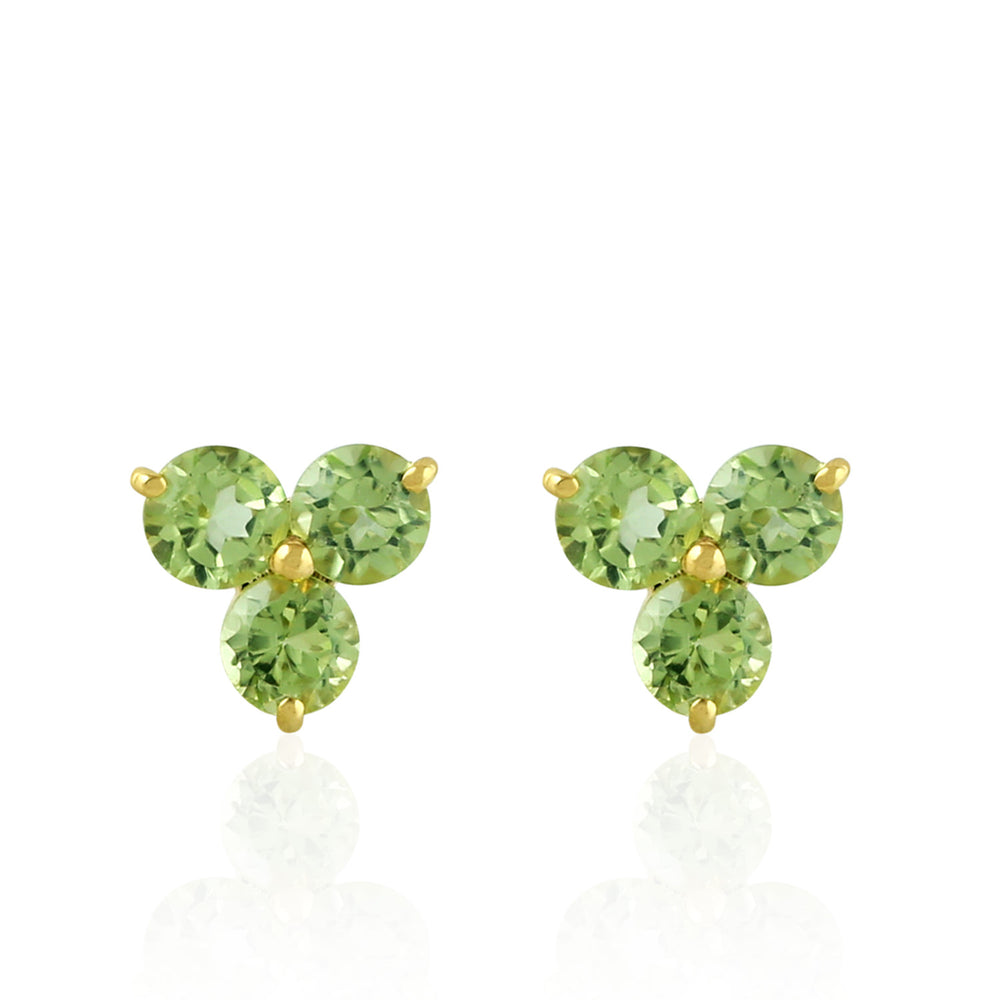 Round Peridot August Birthstone Three Stone Stud Earrings In 14K Yellow Gold