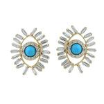 Round Turquoise Baguette Natural Diamond Evil Eye Earrings 18K Yellow Gold Jewelry