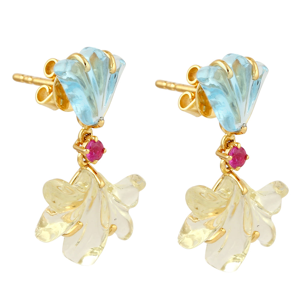 Handcarved Floral Quartz Topaz Ruby Beautiful Danglers For Women 18k Gold