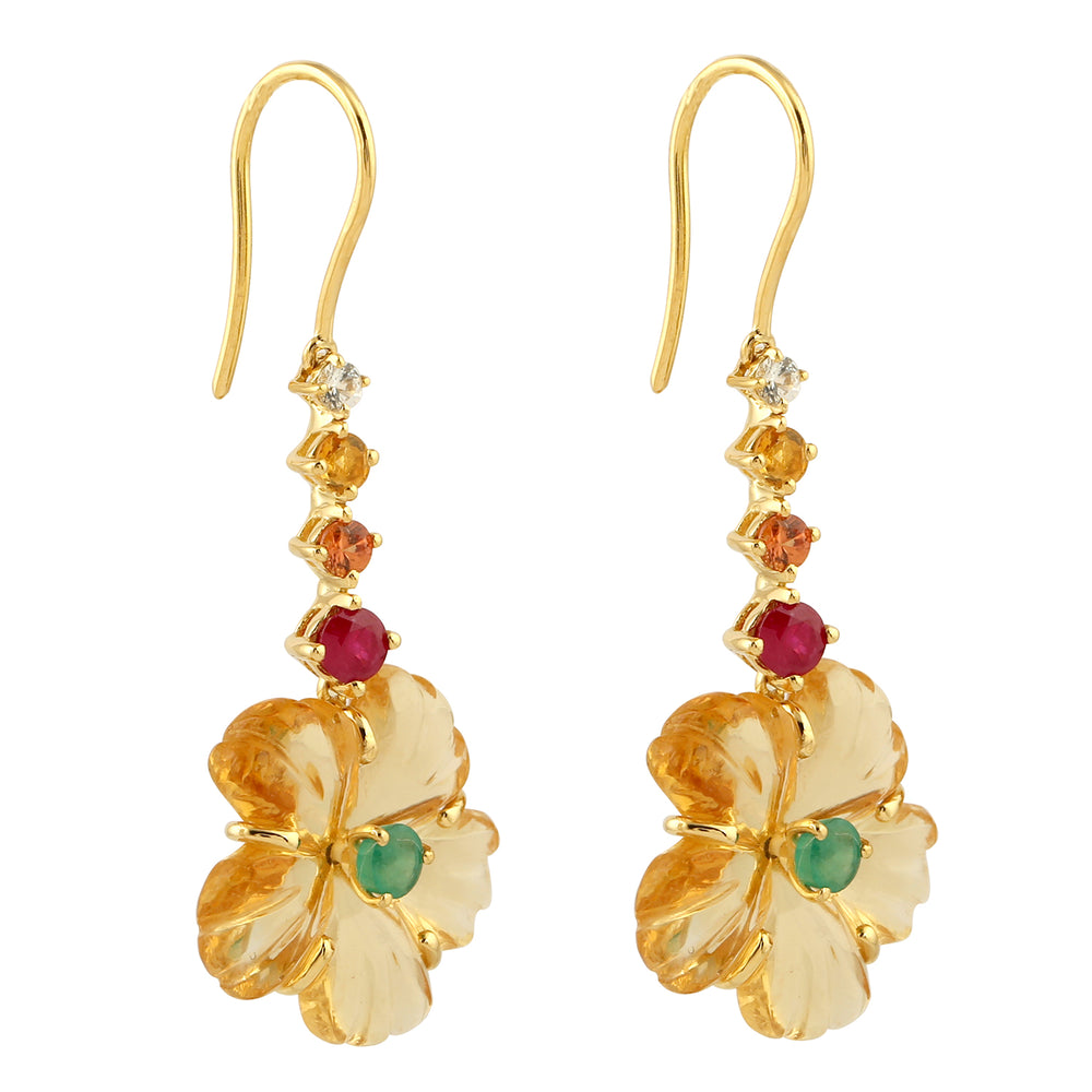 Natural Carved Citrine Ruby Emerald Hook Danglers In 18k Yellow Gold For Her