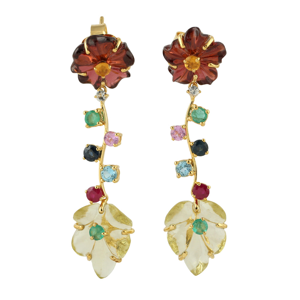 Handcarved Multiple Gemstone Floral Danglers In Solid 18k Gold For Women