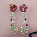 Handcarved Multiple Gemstone Floral Danglers In Solid 18k Gold For Women