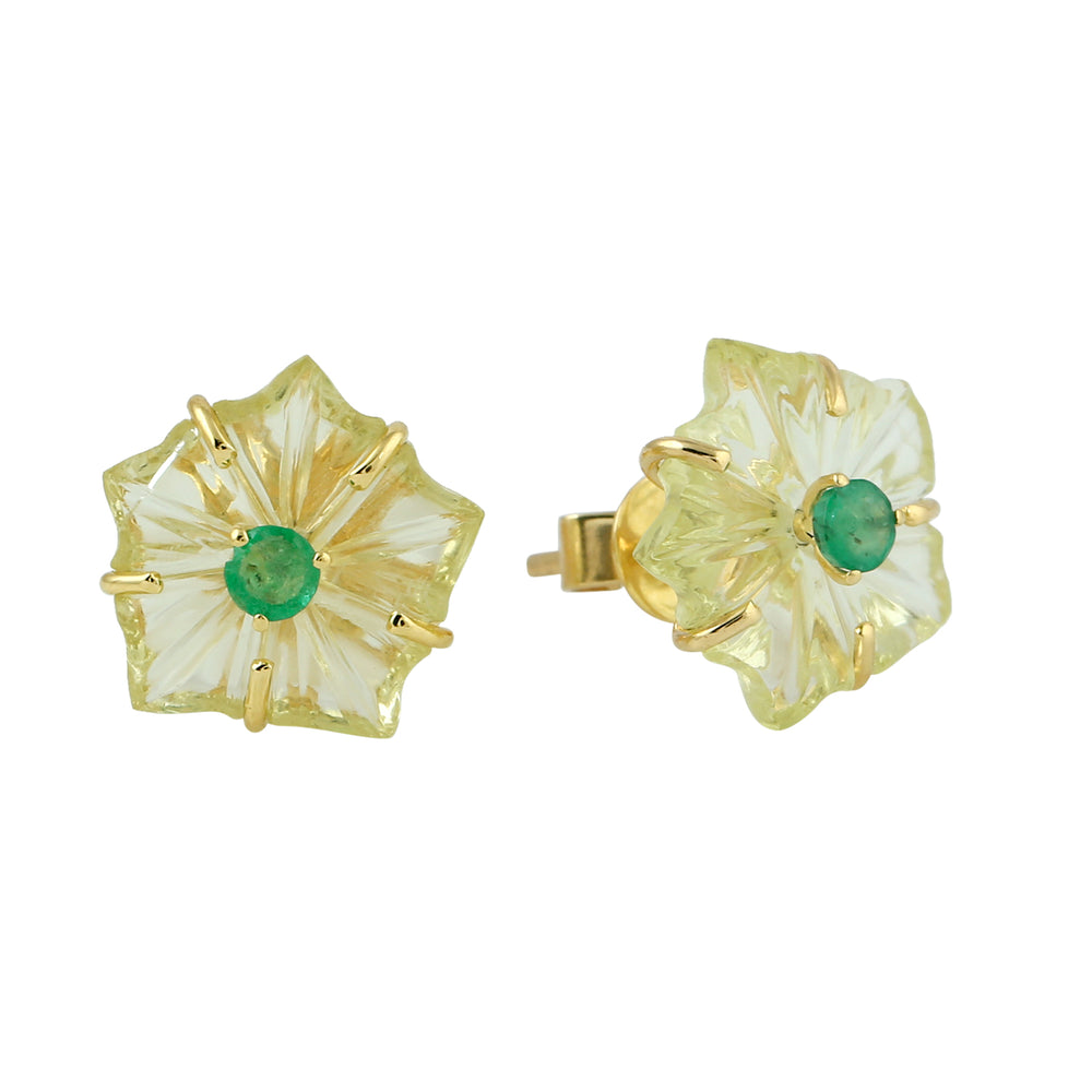 18K Yellow Gold Carving Lemon Quartz Prong Emerald Flower Earrings Jewelry