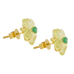 18K Yellow Gold Carving Lemon Quartz Prong Emerald Flower Earrings Jewelry