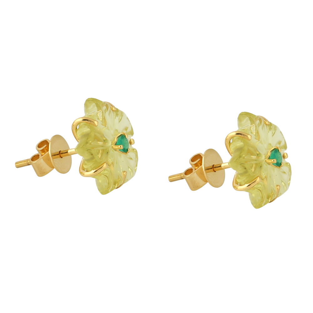 Carved Lemon Quartz Prong Emerald Gemstone In 18K Yellow Gold Floral Earrings