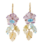 Hand carved Mix stone Topaz Sapphire Diamond Leaf Floral Danglers 18k Yellow Gold