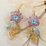 Hand carved Mix stone Topaz Sapphire Diamond Leaf Floral Danglers 18k Yellow Gold