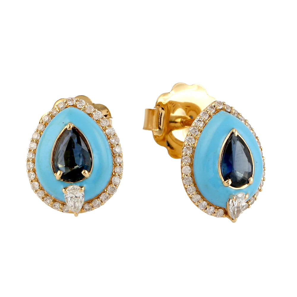 18k Yellow Gold Blue Sapphire Pave Daimaond Leaf Stud Earrings Jewelry