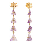 Carved Flower Amethyst Dangle Earrings 18k Yellow Gold Handmade Jewelry