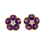 Round Amethyst February Birthstone Prong Diamond Flower Earrings 18K Solid Gold Jewelry