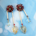 18k Yellow Gold Flower Dangle Earrings Emerald Sapphire Gemstone Jewelry