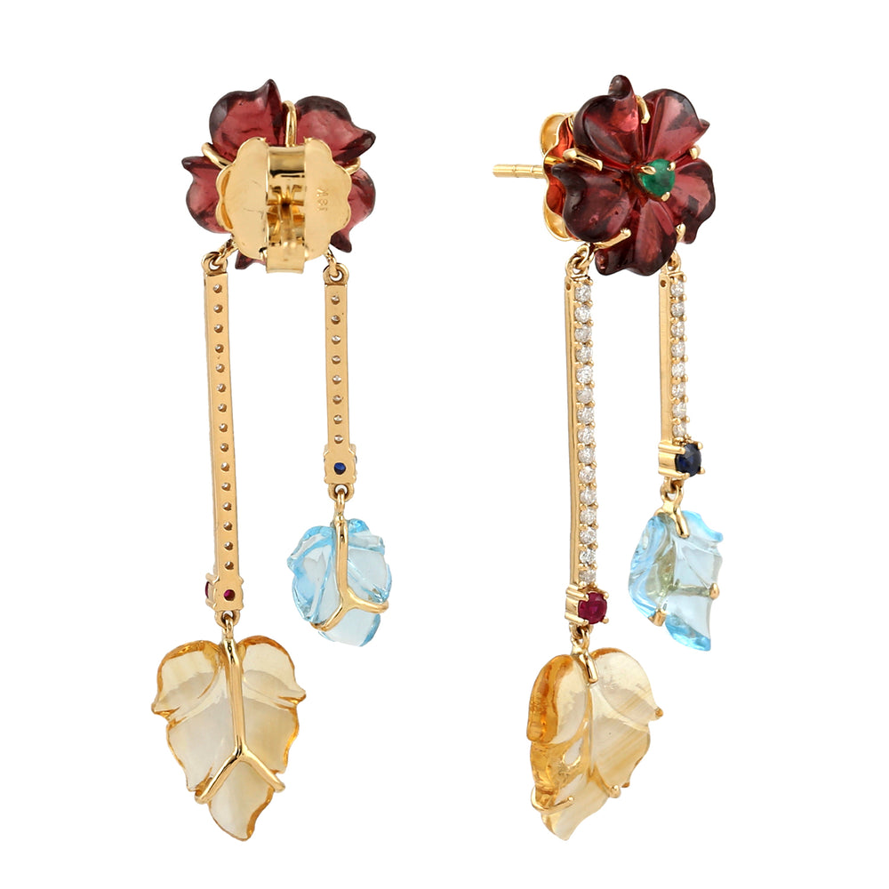 18k Yellow Gold Flower Dangle Earrings Emerald Sapphire Gemstone Jewelry