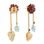 18k Yellow Gold Flower Dangle Earrings Emerald Sapphire Gemstone Jewelry