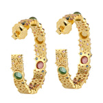 Beautiful Multi Tourmaline & Sapphire Colorful Cluster Long Hoop Earrings in 18k Gold