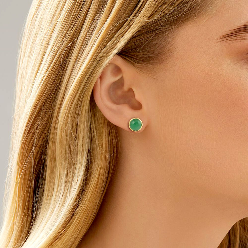 Bezel Set Emerald May Birthstone In 14k Yellow Gold Stud Earrings For Her