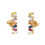 18k Yellow Gold Multicolor Baguette Sapphire Stud Earrings Jewelry