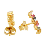 18k Yellow Gold Multicolor Baguette Sapphire Stud Earrings Jewelry