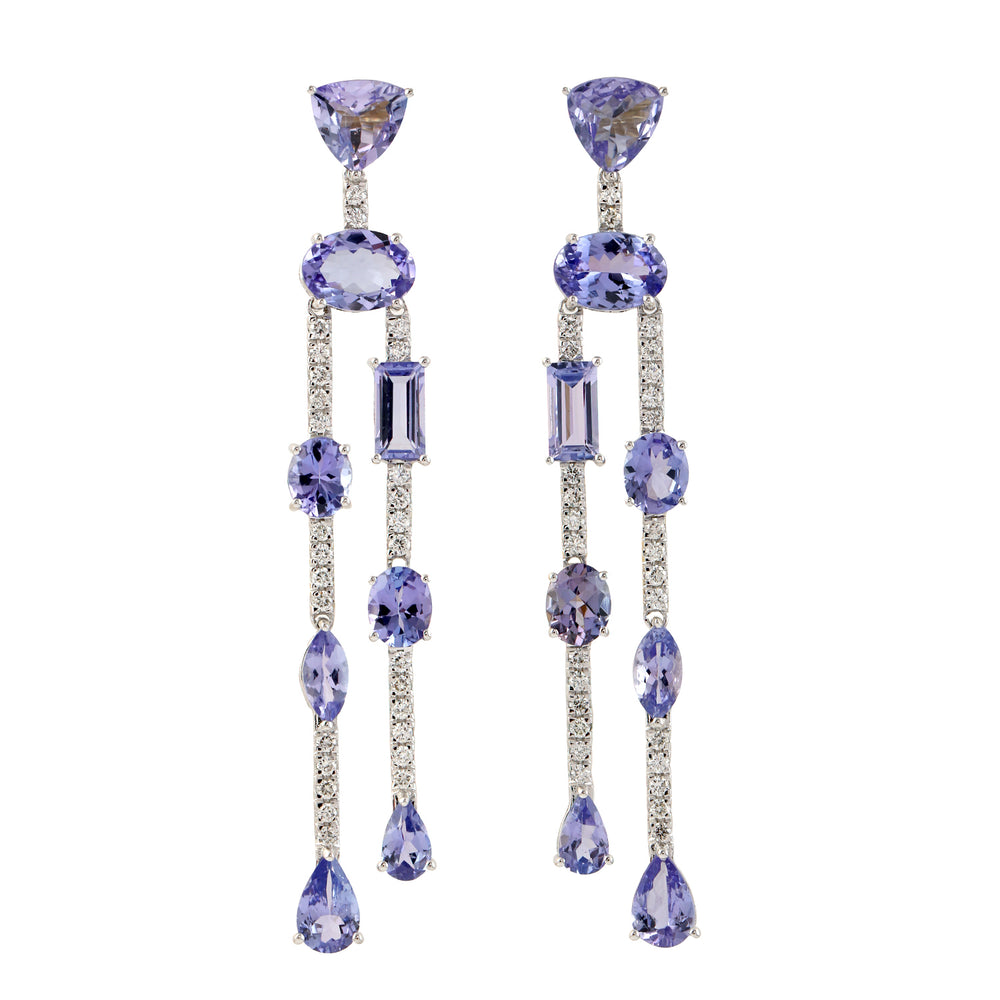 18K White Gold Pave Diamond Multi Shape Tanzanite Beautiful Chandelier Earrings