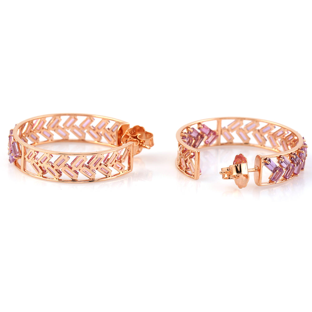 Natural Baguette Pink Sapphire Prong In 18K Rose Gold Geometric Hoop Earrings For Women's