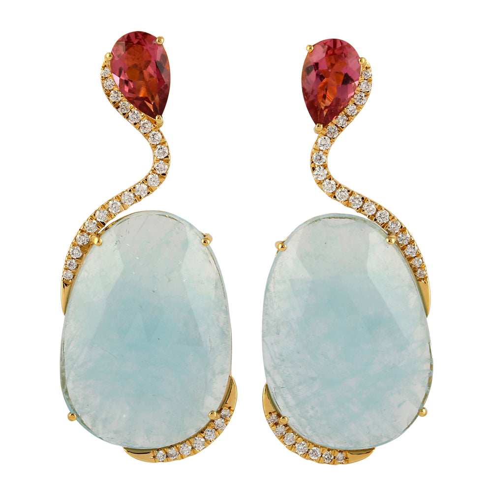 Oval Cut Aquamarine Pear Tourmaline Pave Diamond Antique Earrings In 18K Yellow Gold Jewelry