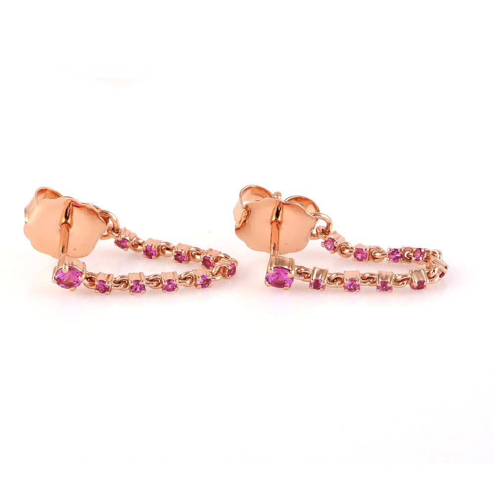 14K Rose Gold Prong Pink Sapphire September Birthstone Chain Ear Thread Earrings For Her