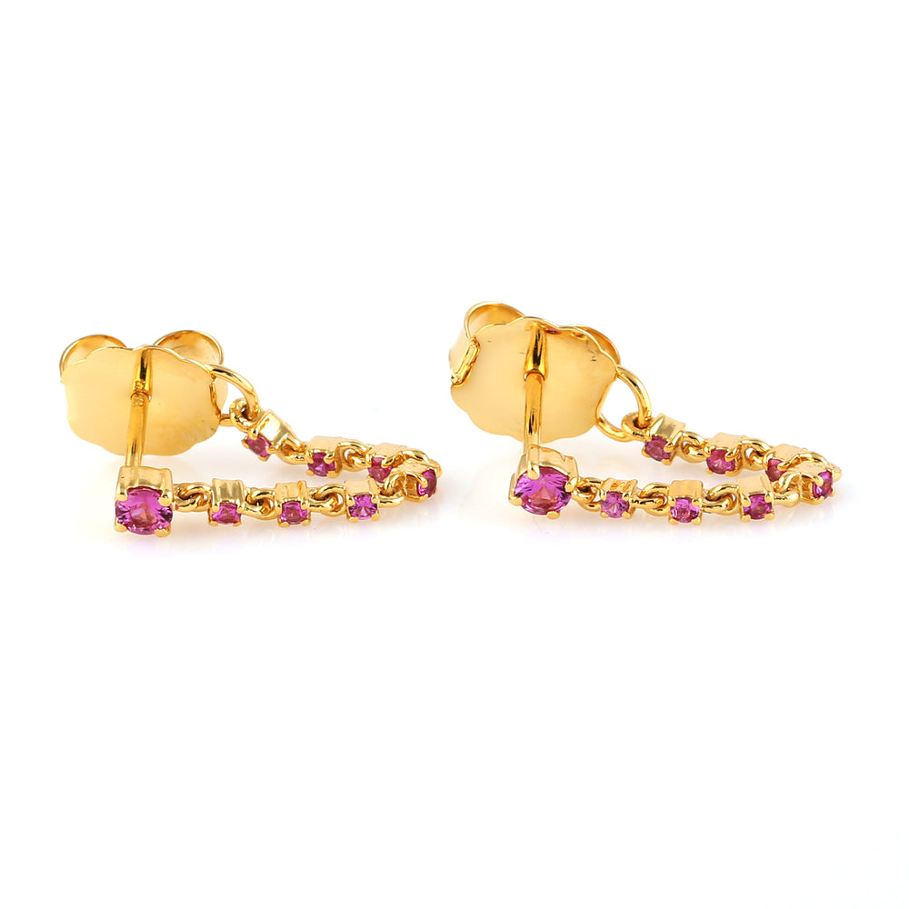 Pink Sapphire Gemstone Prong Chain Ear Thread Earrings 14K Solid Gold Jewelry