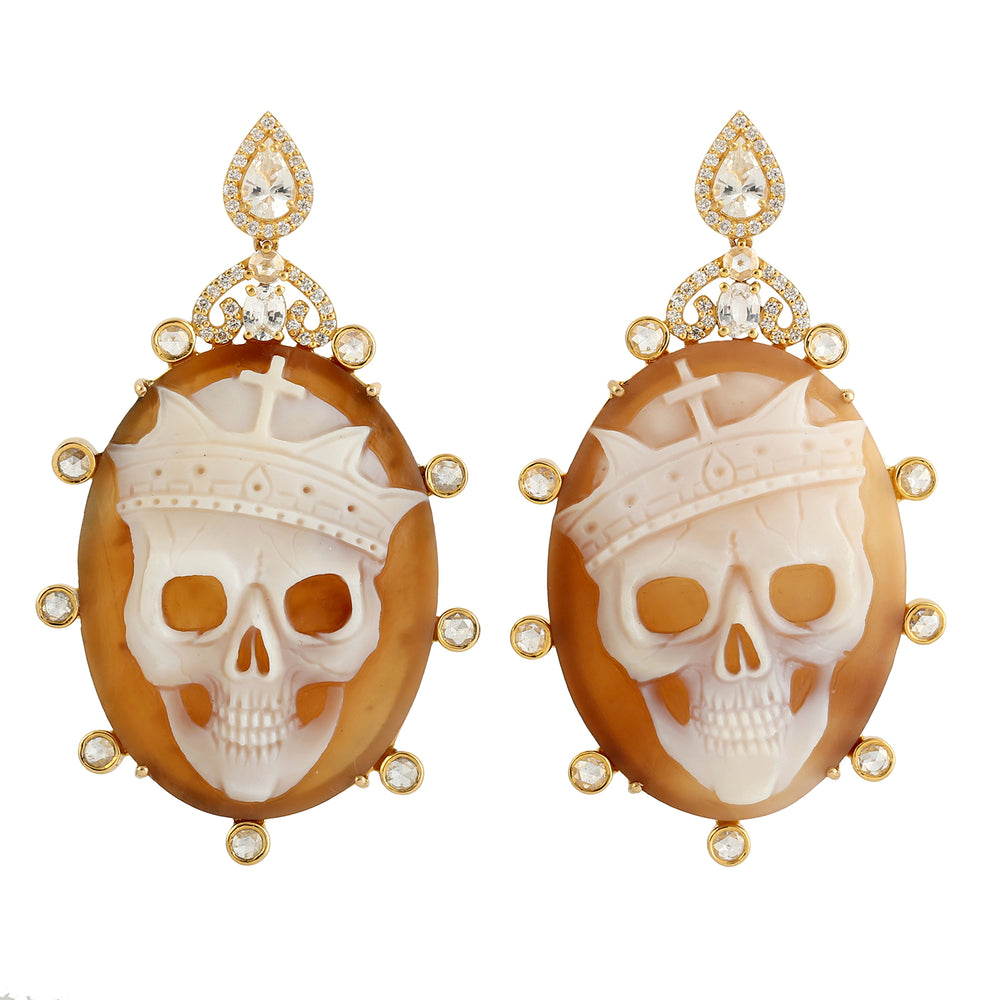 Carved Shell Cameos Sapphire Diamond Halloween 18k Yellow Gold Dangler Party Wear Jewelry