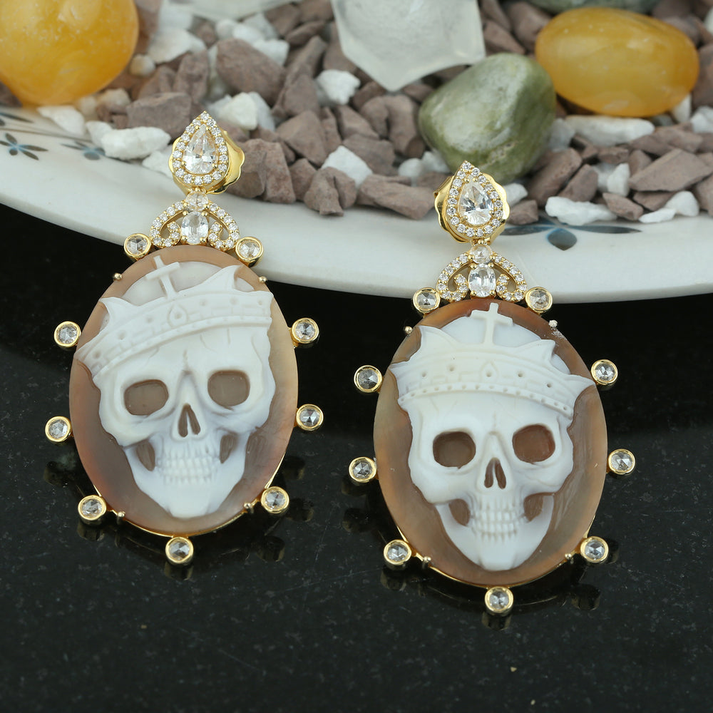 Shell Cameos Sapphire Diamond Halloween 18k Yellow Gold Danglers