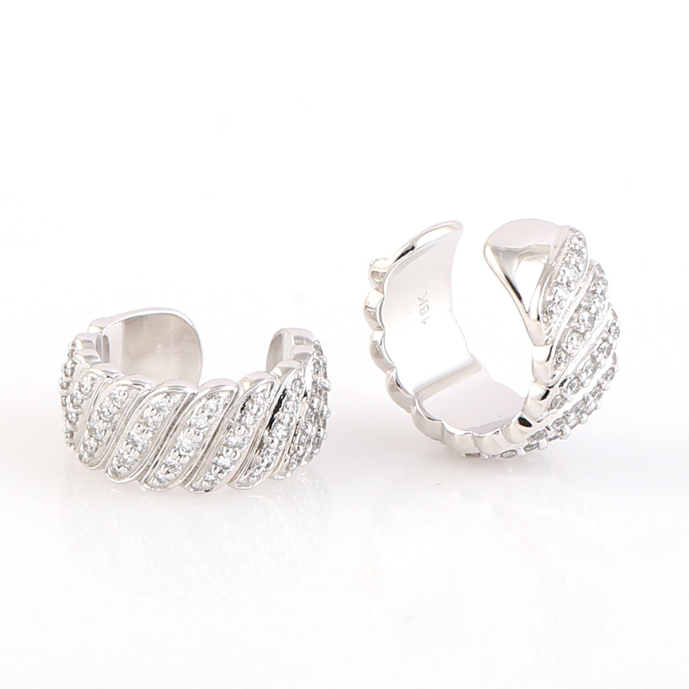 Natural Diamond Pave 18K White Gold Cuff Earrings Jewelry For Her