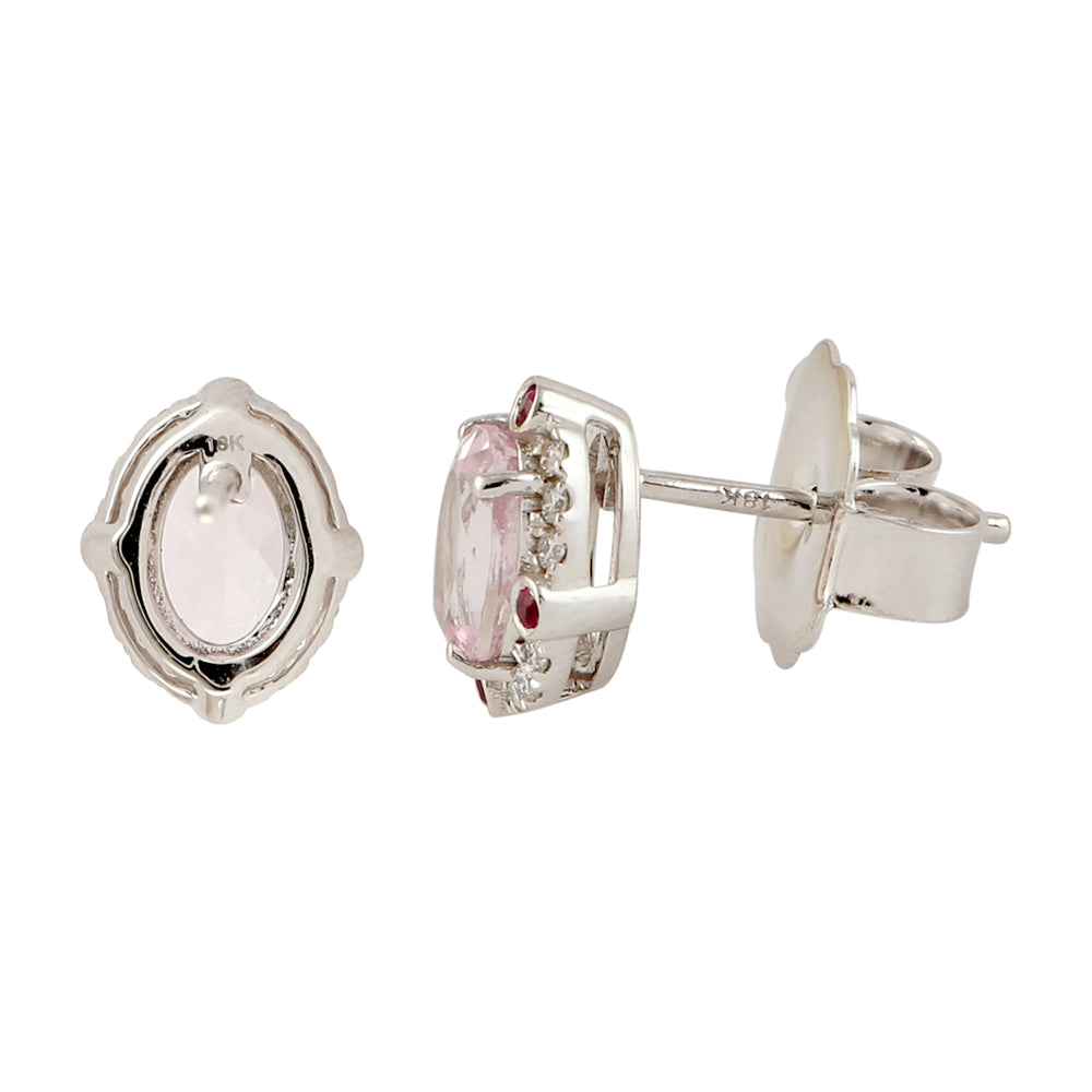 Oval Morganite Bezel Set Ruby Prong Diamond Stud Earrings In White Gold For Her