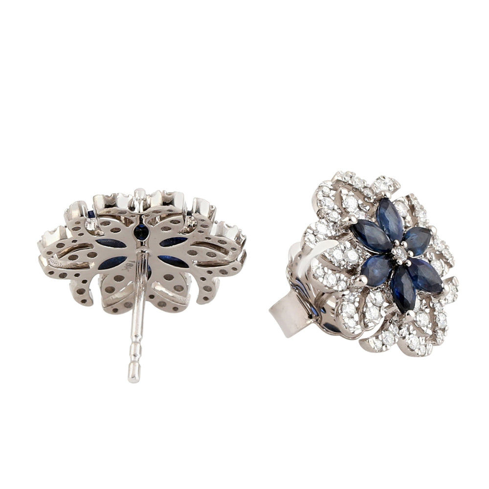 Marquise Blue Sapphire & Diamond Floral Stud Earrings In 18k White Gold