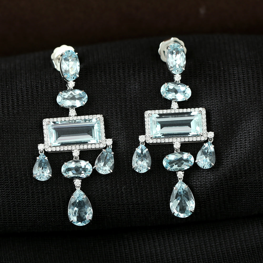 18K White Gold Prong Aquamarine March Birthstone Pave Diamond Wedding Dangler