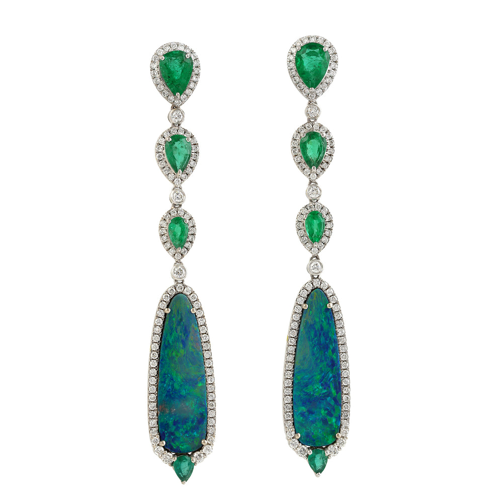 Pear Emerald Opal Doublet Pave Diamond 18K White Gold Wedding Dangle Earrings