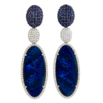 Oval Cut Opal Doublet Pave Blue Sapphire & Diamond Designer Earrings In 18K White Gold