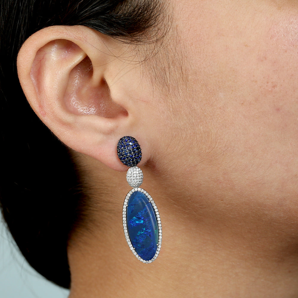 Oval Cut Opal Doublet Pave Blue Sapphire & Diamond Designer Earrings In 18K White Gold