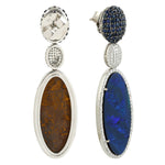 Oval Cut Opal Doublet Pave Blue Sapphire & Diamond Designer Earrings In 18K White Gold