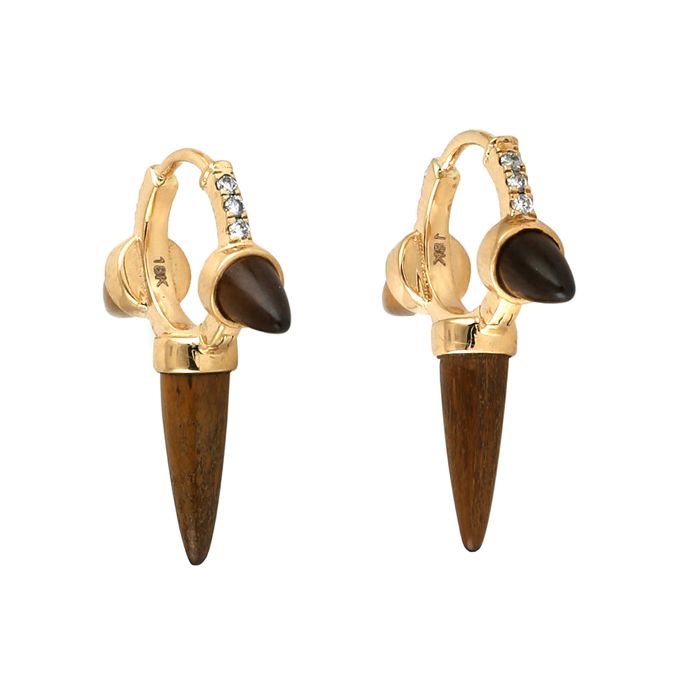 Cone Shape Tiger Eye Gemstone Pave Diamond Pyramid Huggies Earrings 18K Gold Jewelry