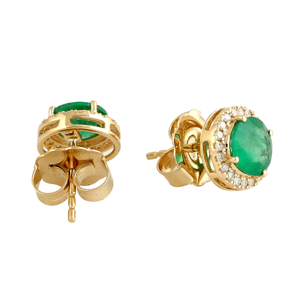 Natural Emerald Pave Diamond Halo Stud Earrings In 18k Yellow Gold For Women