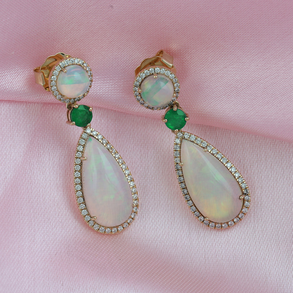 Opal Ethiopian Prong Emerald Pave Diamond Drop Dangler In Yellow Gold