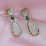 Opal Ethiopian Prong Emerald Pave Diamond Drop Dangler In Yellow Gold