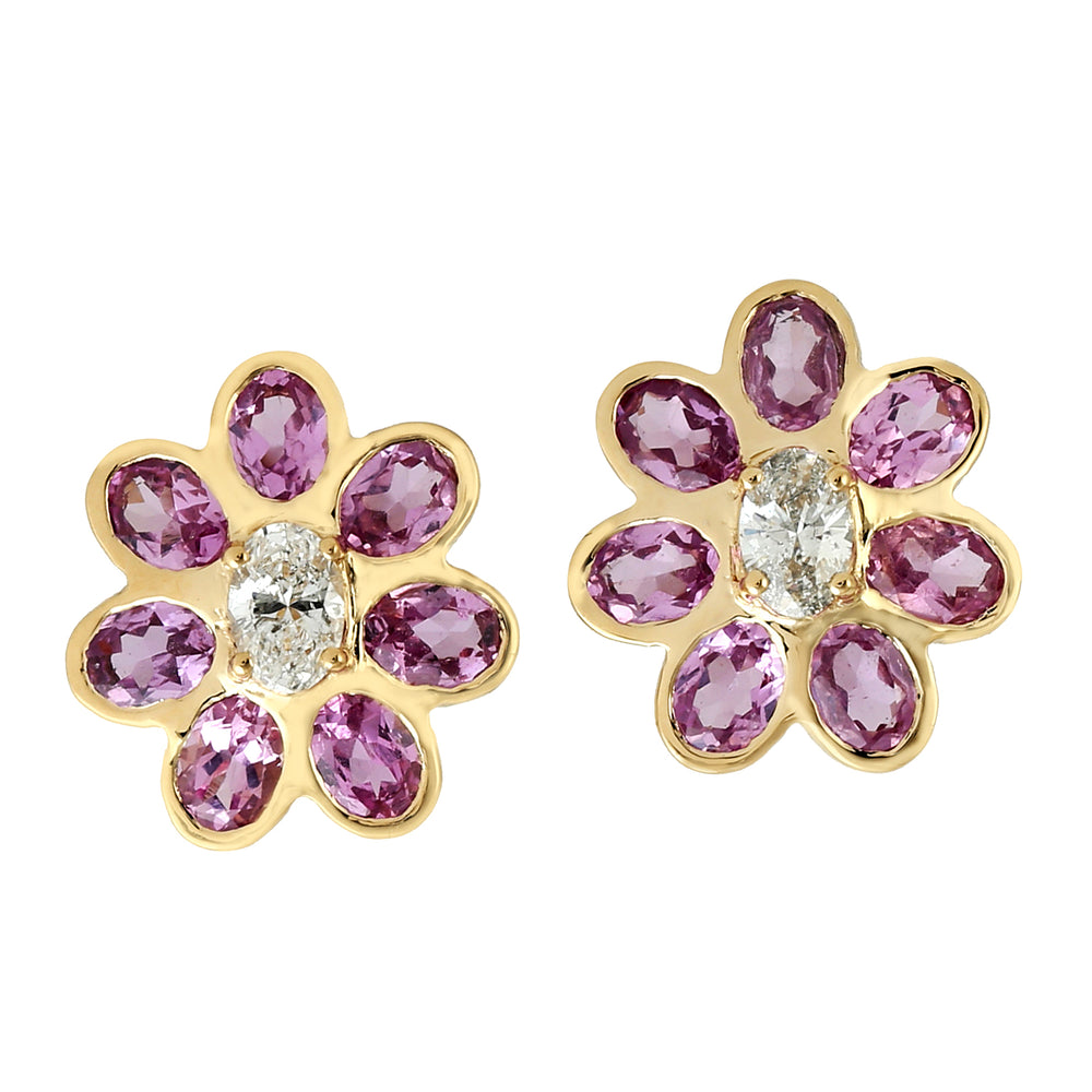 Natural Oval Cut Pink Sapphire Diamond Bezel Set 18K Solid Gold Flower Earrings For Sale