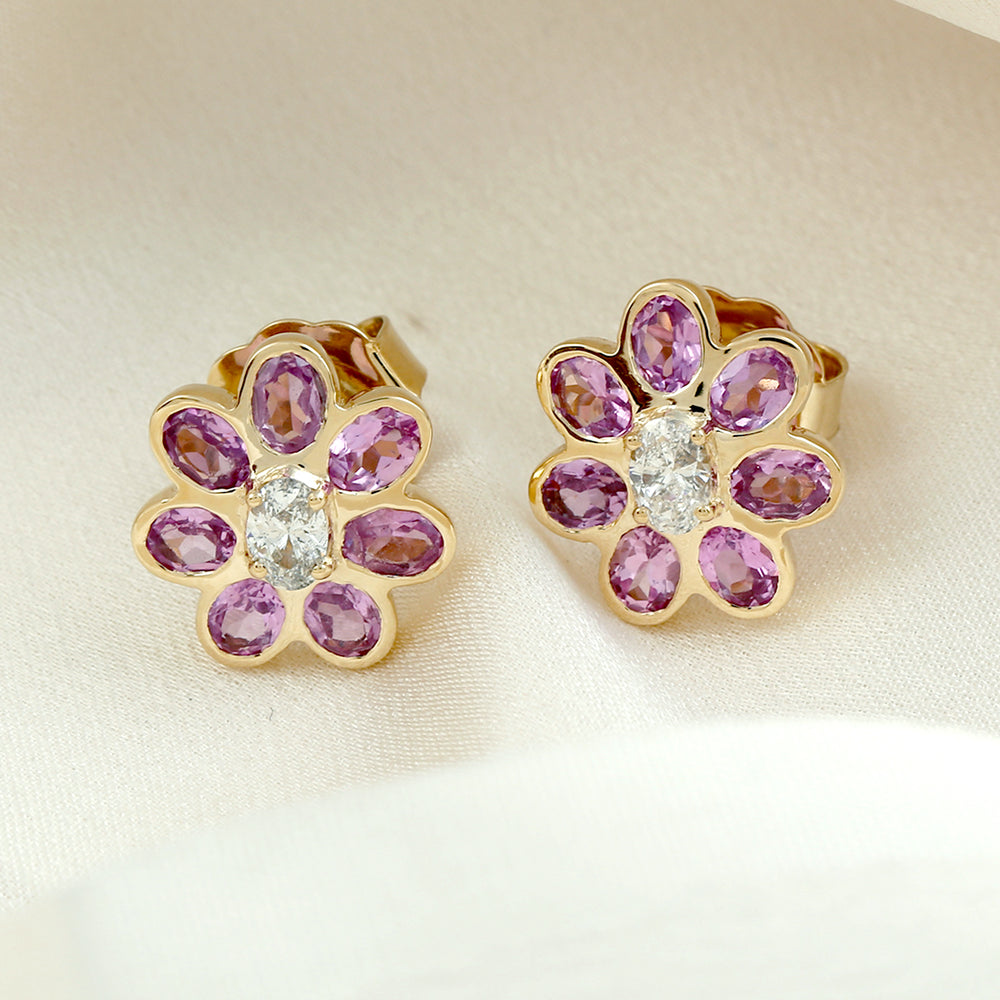 Natural Oval Cut Pink Sapphire Diamond Bezel Set 18K Solid Gold Flower Earrings For Sale