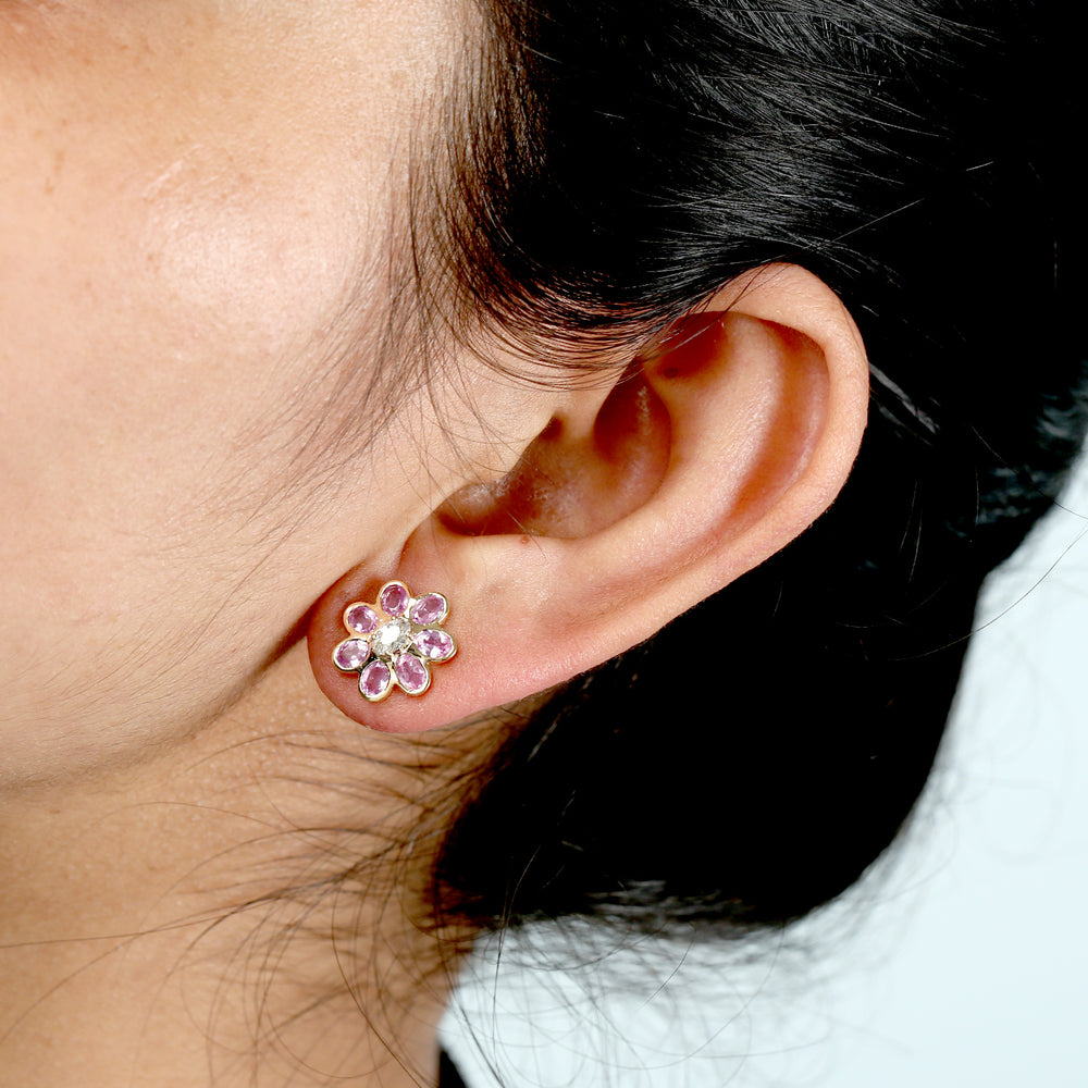 Natural Oval Cut Pink Sapphire Diamond Bezel Set 18K Solid Gold Flower Earrings For Sale