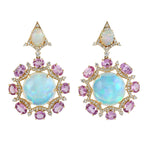 Pink Sapphire Opal Ethopian Diamond 18k Yellow Gold Designer Danglers For Women