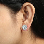 Faceted Round Aquamarine Pave Diamond Halo Stud Earrings In 18k White Gold