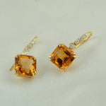 Square Cut Citrine Pave Diamond Designer Ear Hook Earrings In 14k Yellow Gold