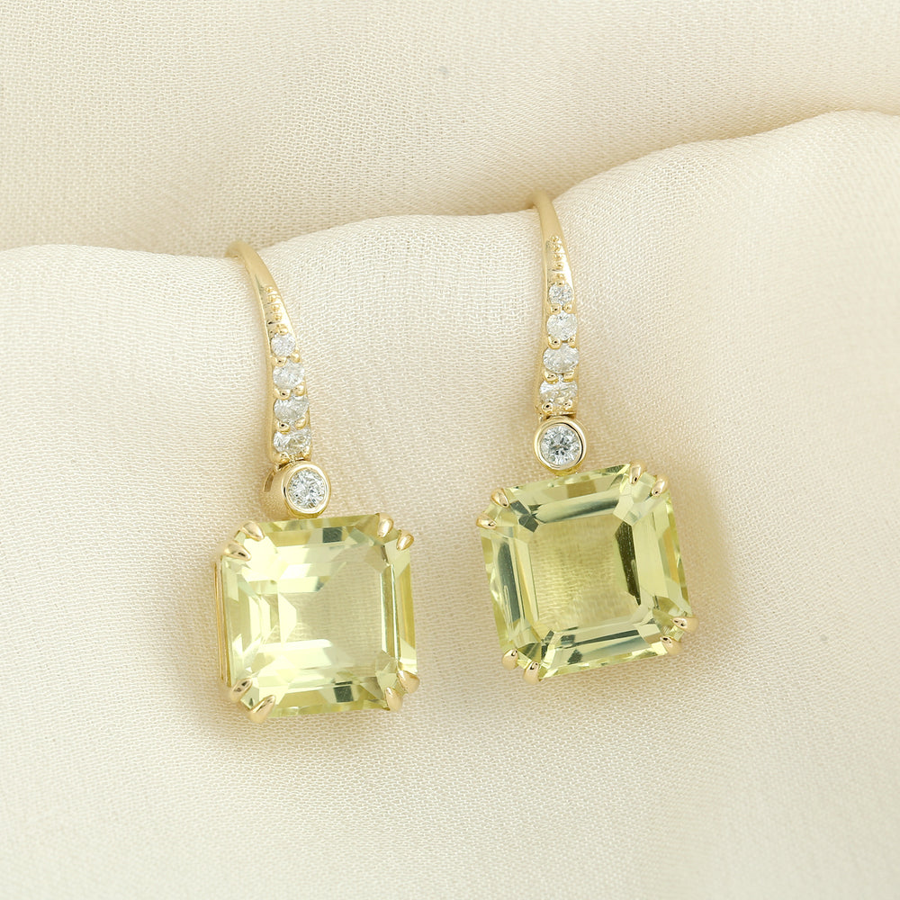 Lemon Quartz Pave Diamond Designer Ear Hook Earrings In 14k Yellow Gold