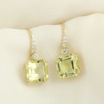 Lemon Quartz Pave Diamond Designer Ear Hook Earrings In 14k Yellow Gold
