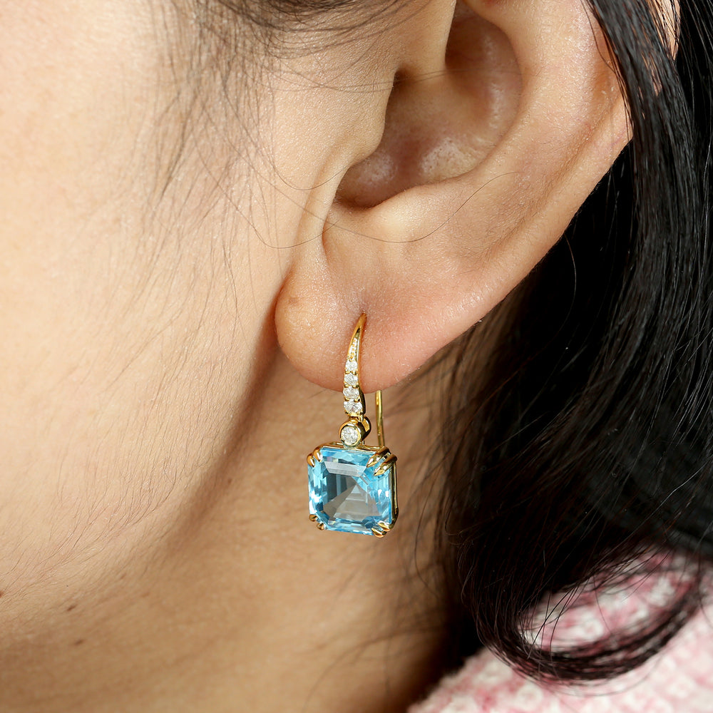 Square Cut Blue Topaz Diamond Designer Ear Hook Earrings In 14k Yellow Gold