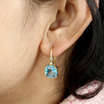 Square Cut Blue Topaz Diamond Designer Ear Hook Earrings In 14k Yellow Gold